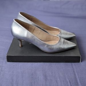 Saks Fifth Avenue Silver Leather Kitten Heels